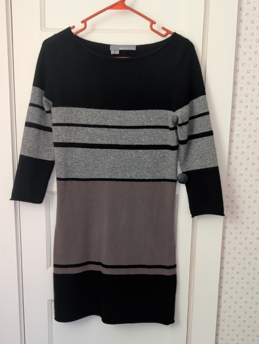 360 Cashmere Dress Striped Knit Boatneck Black Gray Taupe Timeless Classic Fit